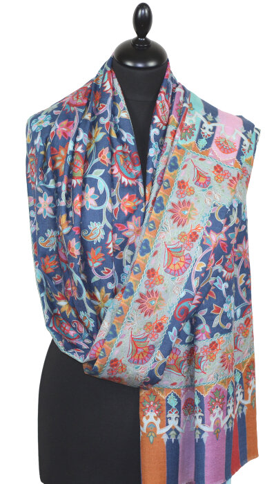 Étole Cachemire Bleu Marine Floral Brodée