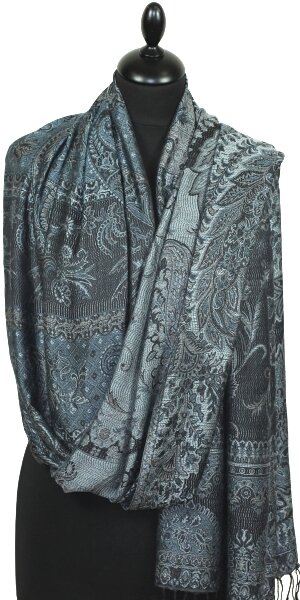Étole en Modal/Soie Noir-Gris-Bleu