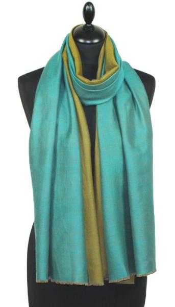 Pashmina 100% Cachemire Bicolore Turquoise-Or