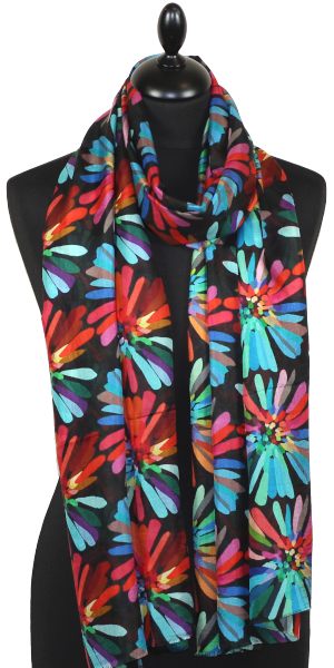 Écharpe en Soie Noir-Turquoise-Corail