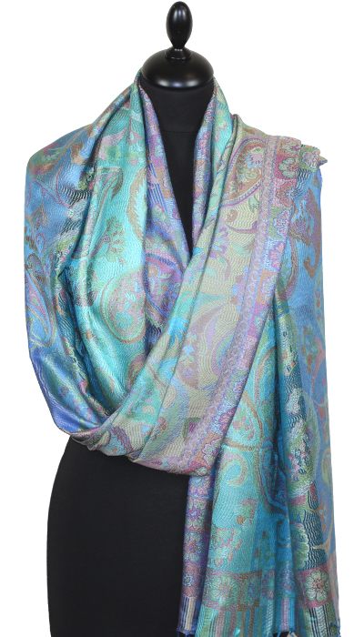 Étole en Soie Bleu-Rose-Vert