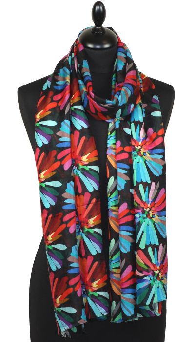 Écharpe en Soie Noir-Turquoise-Corail