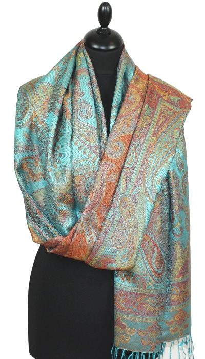 Étole en Soie Turquoise-Orange-Vert