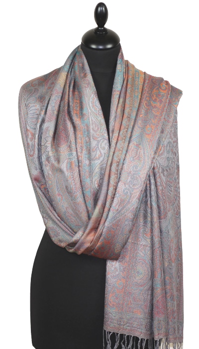Étole en Modal/Soie Gris-Orange-Bleu