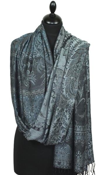Étole en Modal/Soie Noir-Gris-Bleu
