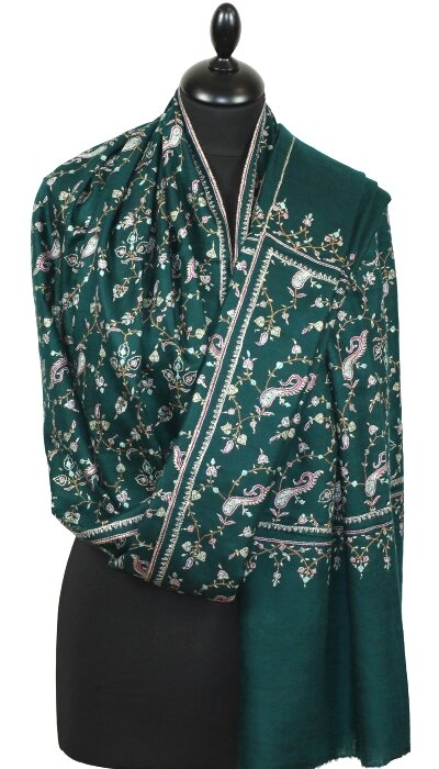 Pashmina Vert Impérial Brodé à la Main