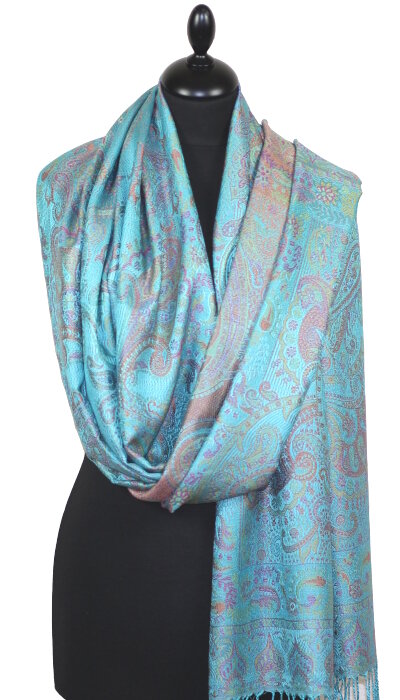 Étole en Soie Turquoise-Orange-Fuchsia