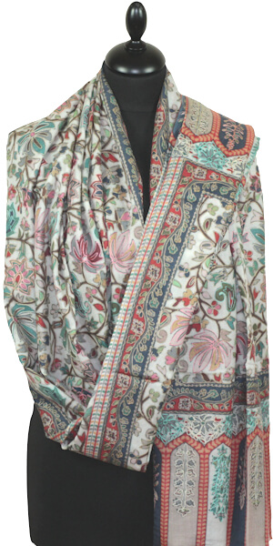 Étole Cachemire Blanc cassé Floral Brodée