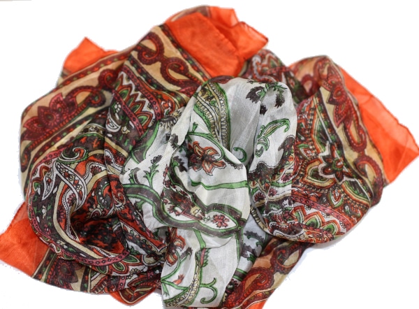 Foulard carré en soie Orange-Vert-Écru