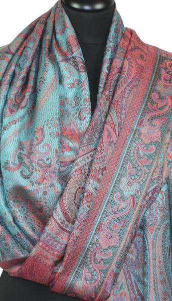 Étole en Soie Turquoise-Fuchsia-Orange