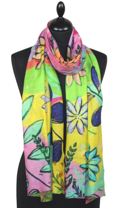 Écharpe Cachemire Rose-Vert-Jaune