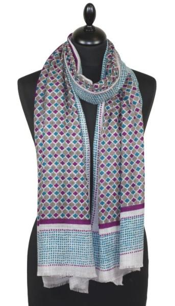 Écharpe Cachemire Beige-Turquoise-Violet