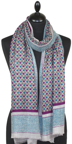 Écharpe Cachemire Beige-Turquoise-Violet