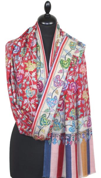 Étole Cachemire Rouge Floral Brodée