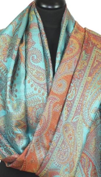 Étole en Soie Turquoise-Orange-Vert